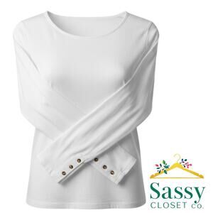 White Scoop Neck Long Sleeve Top w/ Brown Button Cuffs Women’s Large NWOT